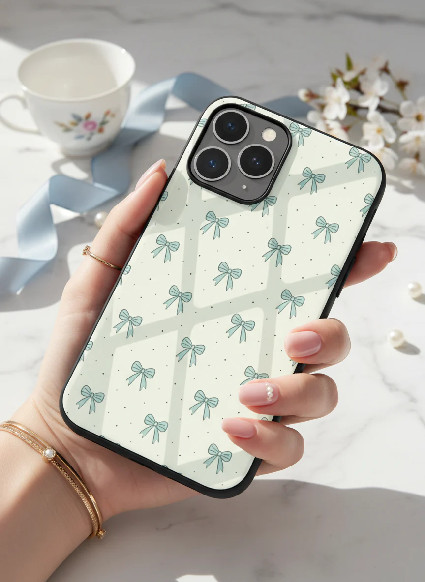 Aesthetic Green Bows Premium Glass Back Cover For iPhone 11-17 Models - Image 10