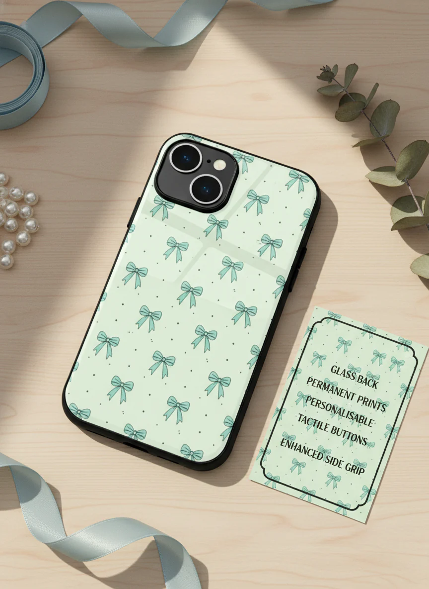 Aesthetic Green Bows Premium Glass Back Cover For iPhone 11-17 Models - Image 11