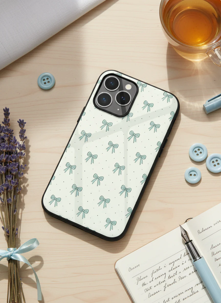 Aesthetic Green Bows Premium Glass Back Cover For iPhone 11-17 Models - Image 12