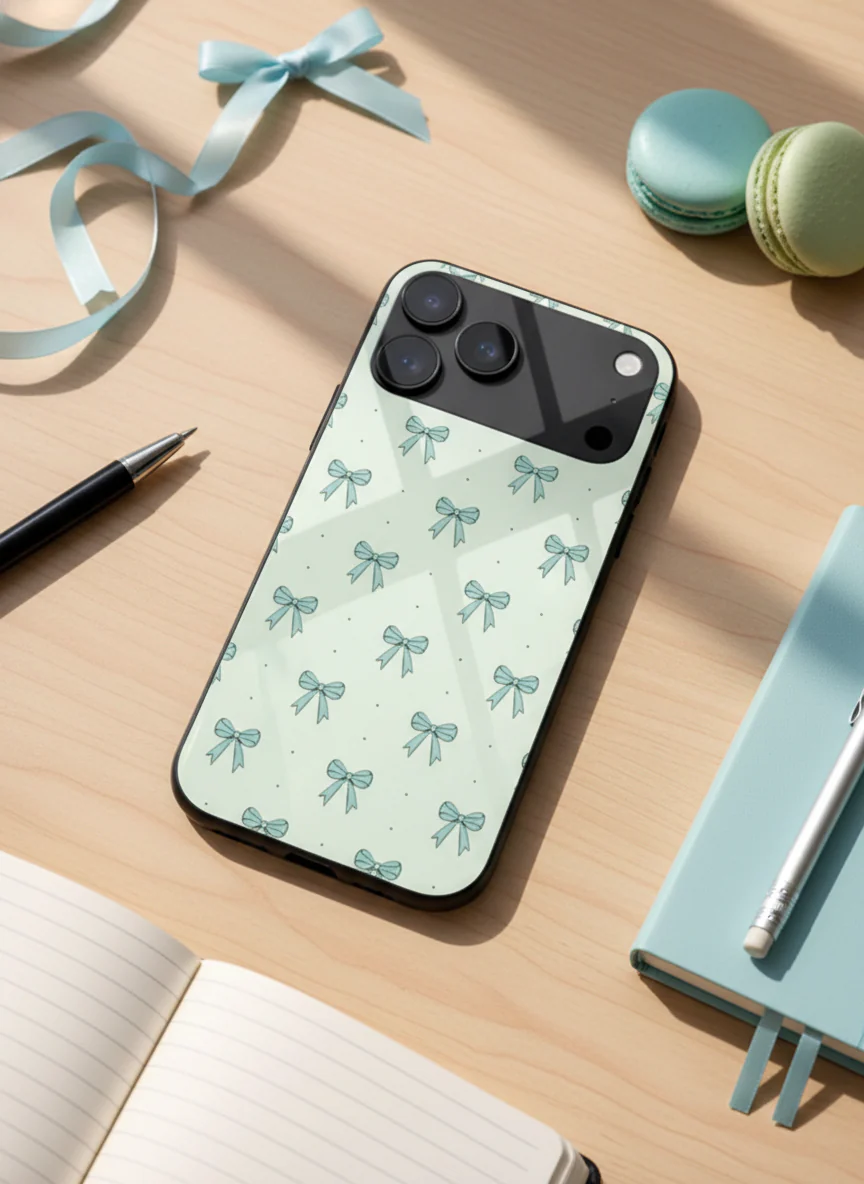 Aesthetic Green Bows Premium Glass Back Cover For iPhone 11-17 Models - Image 2