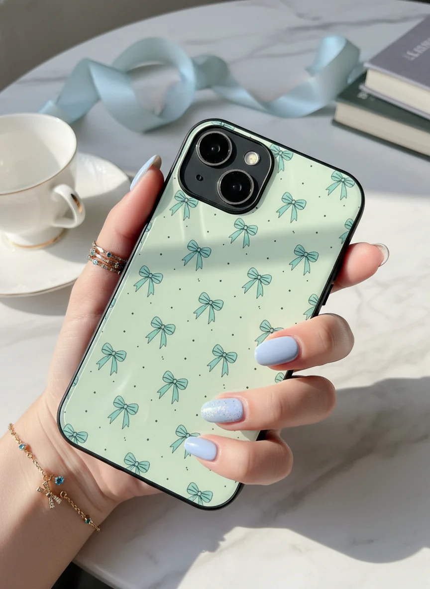 Aesthetic Green Bows Premium Glass Back Cover For iPhone 11-17 Models - Image 4