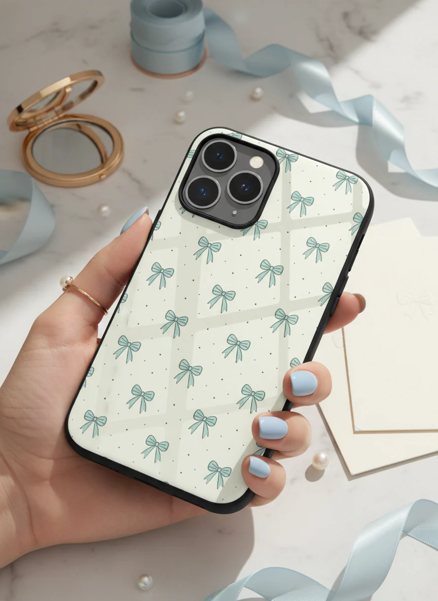 Aesthetic Green Bows Premium Glass Back Cover For iPhone 11-17 Models - Image 7