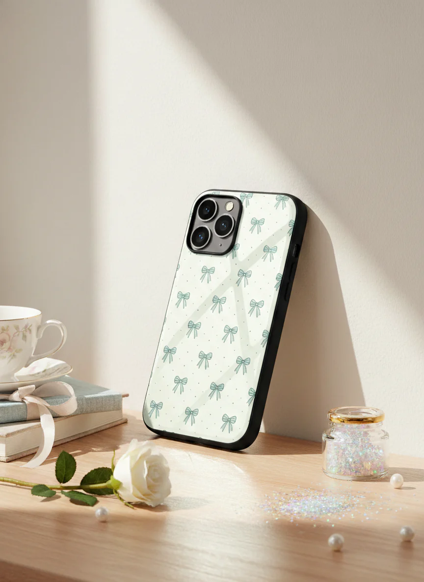 Aesthetic Green Bows Premium Glass Back Cover For iPhone 11-17 Models - Image 9