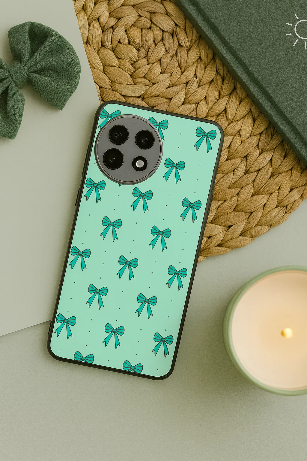 Aesthetic Green Bows Premium Glass Back Cover For One Plus 13, 12, 11, 10, Nord Series
