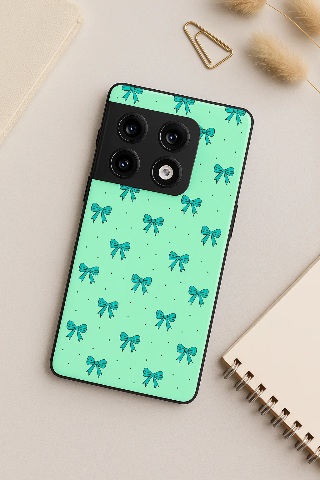 Aesthetic Green Bows Premium Glass Back Cover For One Plus 13, 12, 11, 10, Nord Series - Image 5