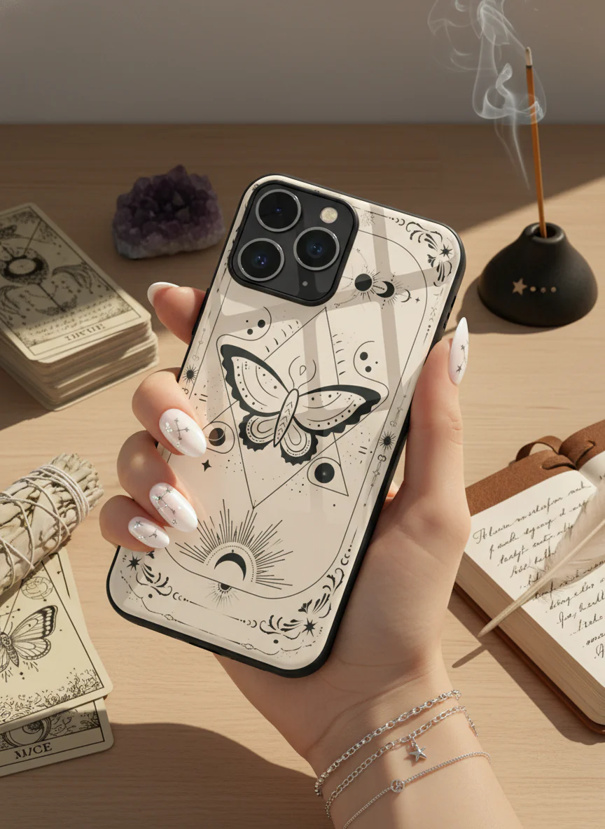 Boho Butterfly Premium Glass Back Cover For iPhone 11-17 Models