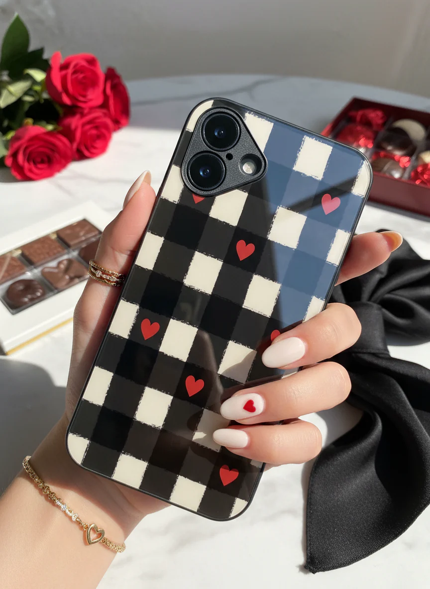 Checkered Hearts Premium Glass Back Cover For iPhone 11-17 Models - Image 4