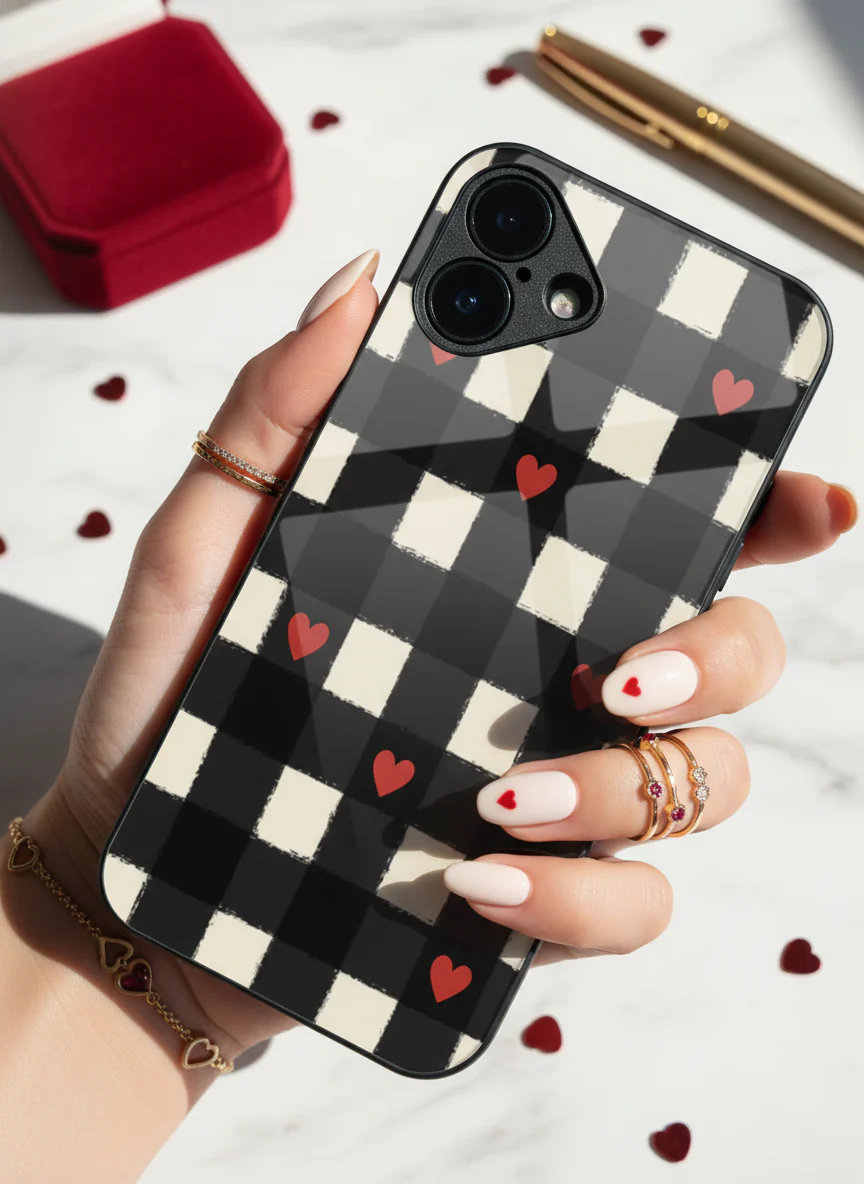 Checkered Hearts Premium Glass Back Cover For iPhone 11-17 Models - Image 7