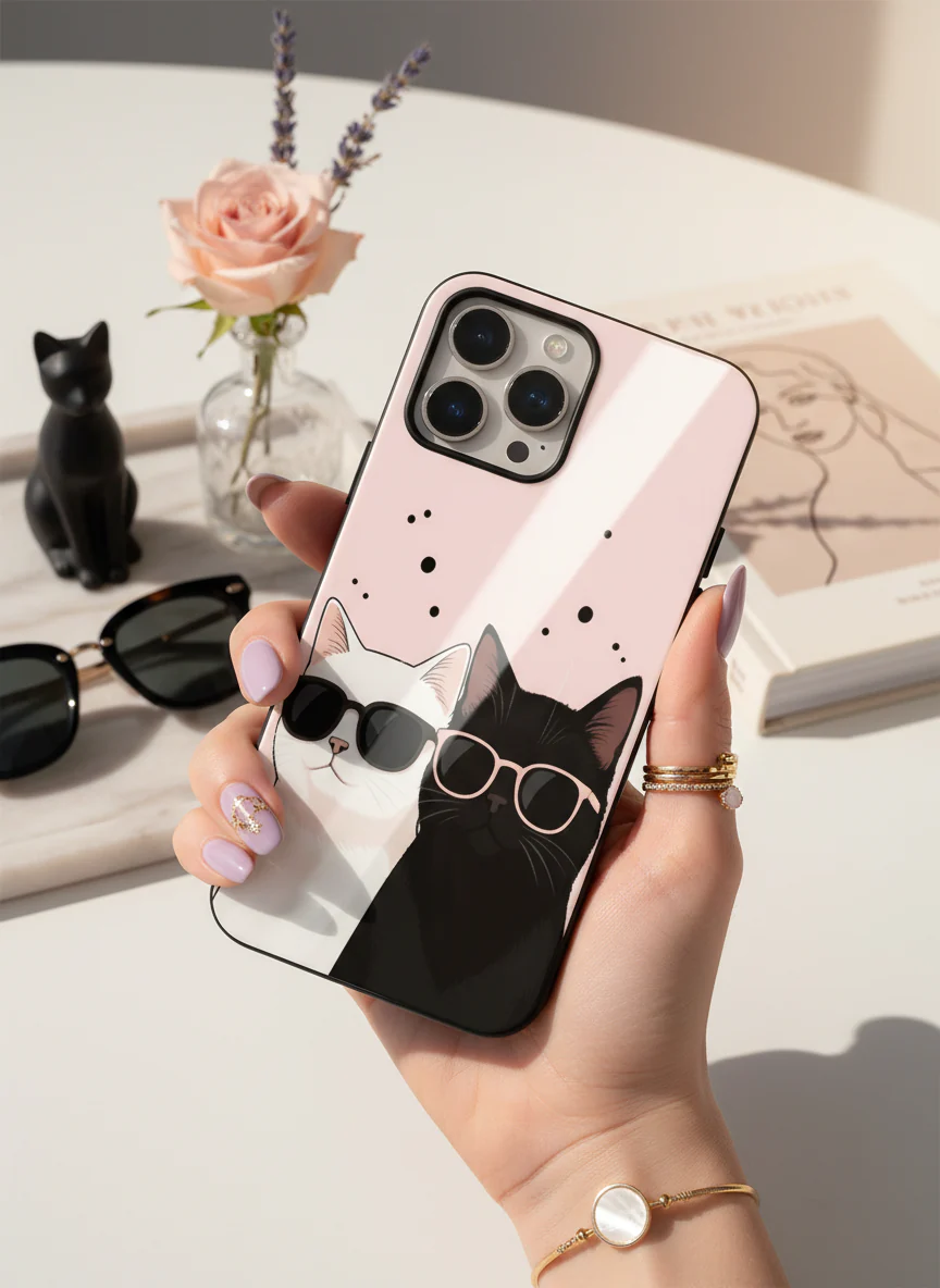 Cool Cats Premium Glass Back Cover For iPhone 11-17 Models