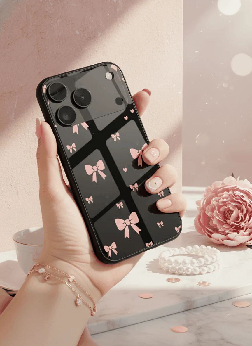 Dark Aesthetic Bows Premium Glass Back Cover For iPhone 11-17 Models