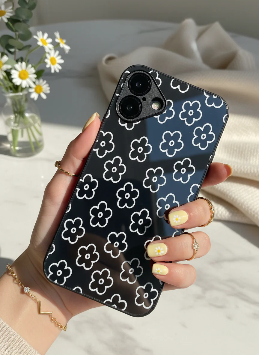 Doodle Flower Premium Glass Back Cover For iPhone 11-17 Models