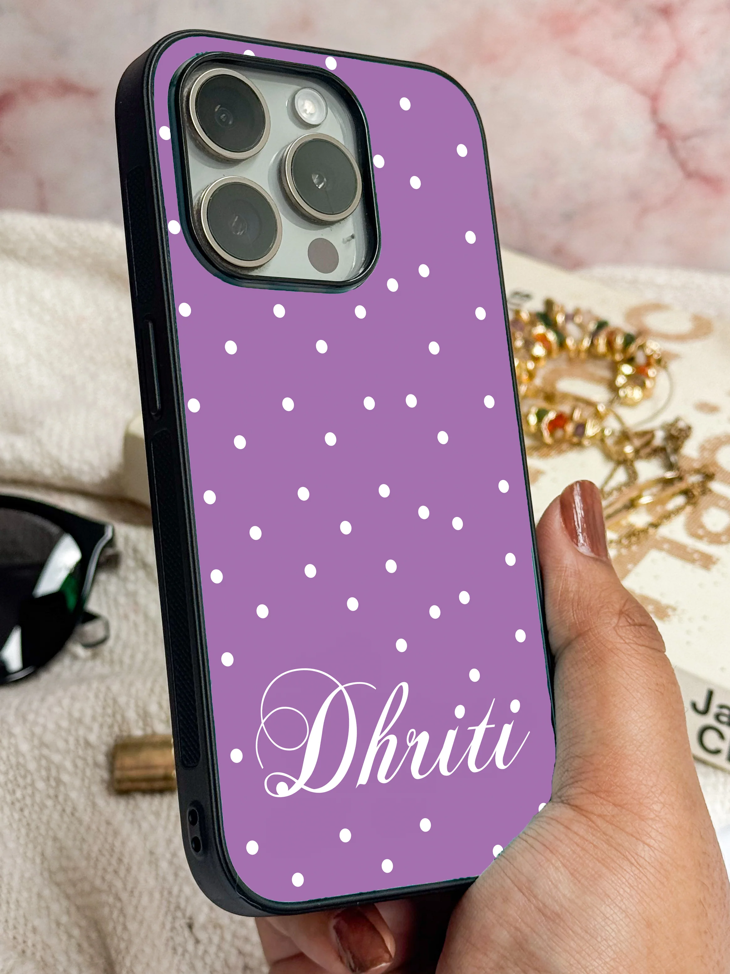Lavender Dots Personalised Name Premium Glass Back Cover For iPhone 11-17 Models - Image 8