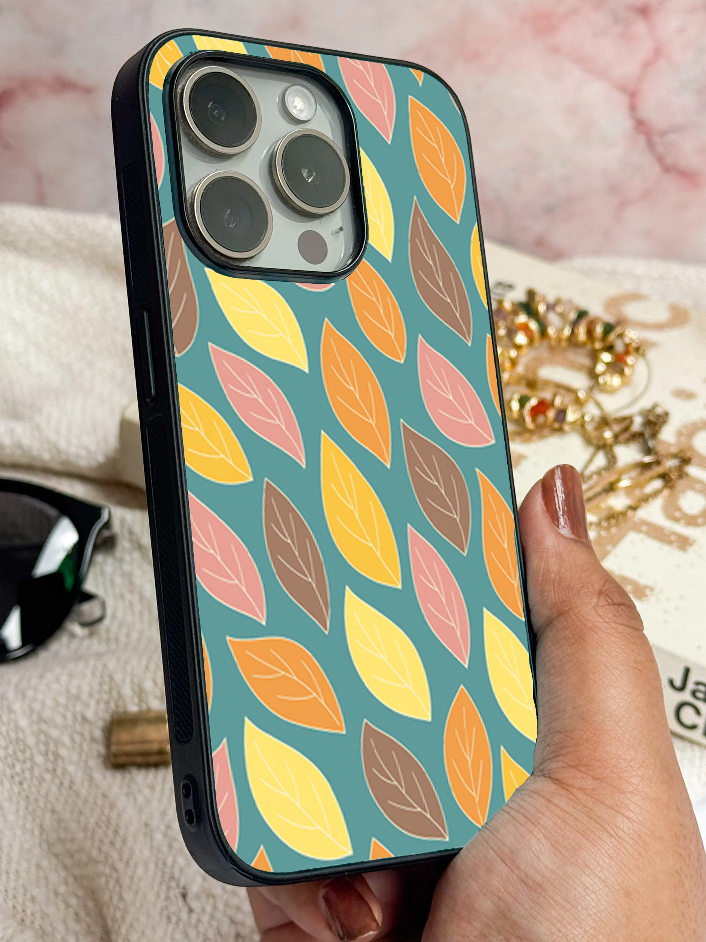 Leaf Pattern Premium Glass Back Cover For iPhone 11-17 Models - Image 5
