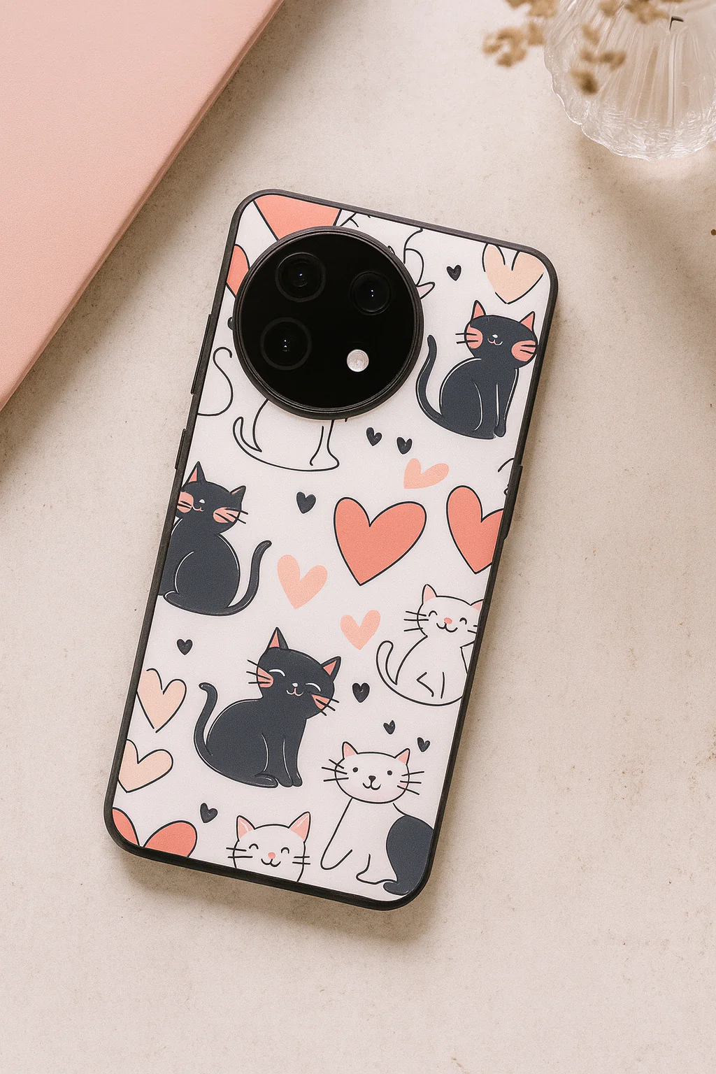 Meowgical Hearts Glass Back Cover For One Plus 13, 12, 11, 10, Nord Series - Image 4