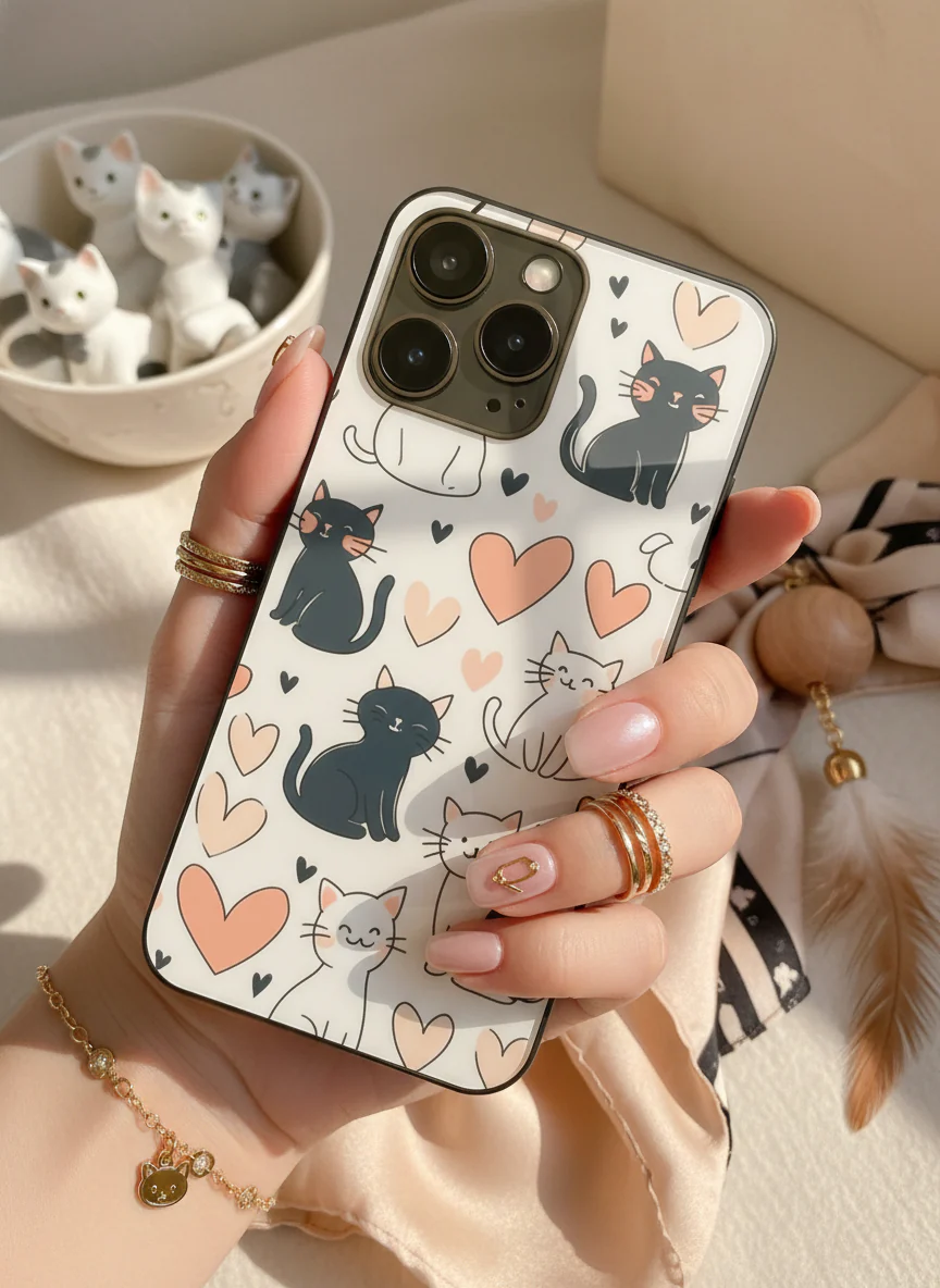 Meowgical Hearts Premium Glass Back Cover For iPhone 11-17 Models - Image 4