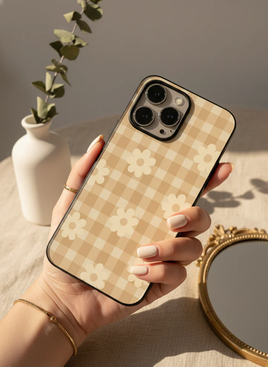 Nude Floral Checks Premium Glass Back Cover For iPhone 11-17 Models