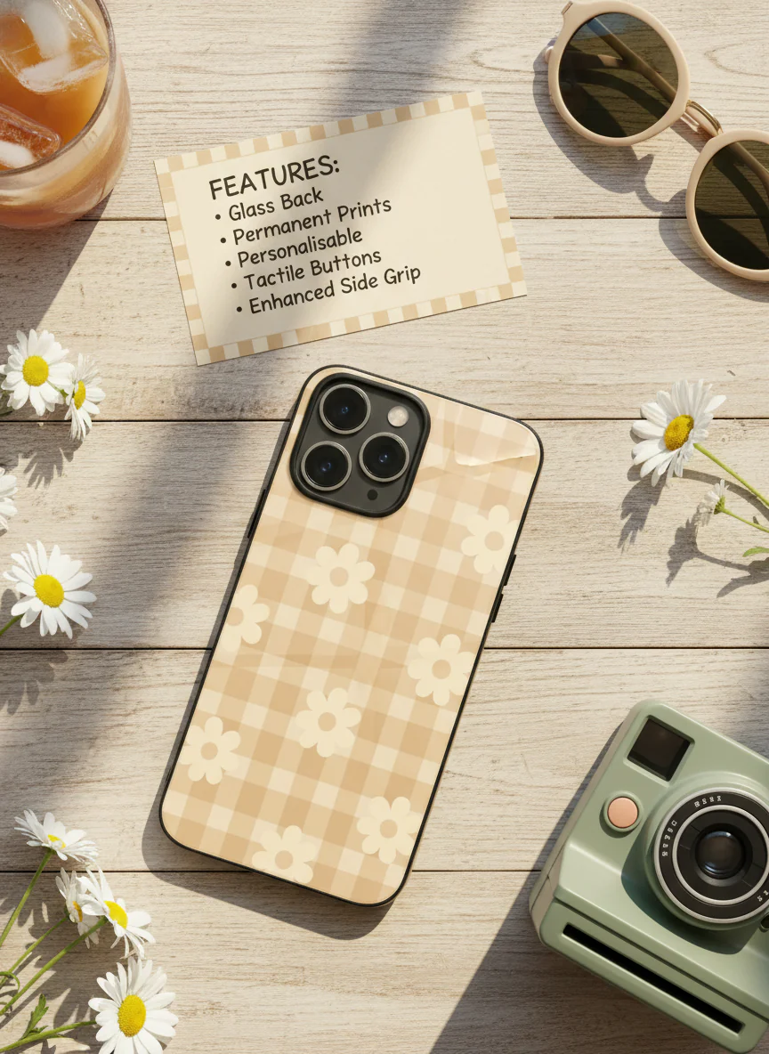 Nude Floral Checks Premium Glass Back Cover For iPhone 11-17 Models - Image 13