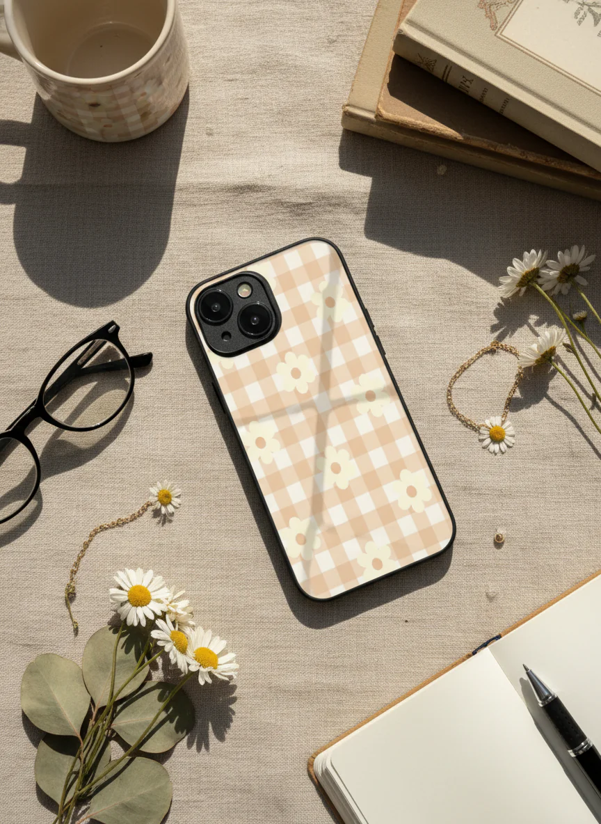 Nude Floral Checks Premium Glass Back Cover For iPhone 11-17 Models - Image 2