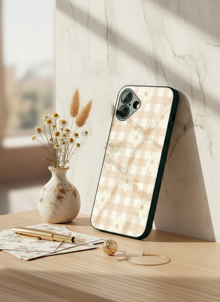 Nude Floral Checks Premium Glass Back Cover For iPhone 11-17 Models - Image 3
