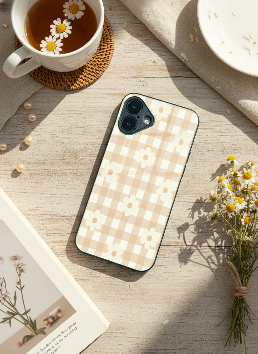 Nude Floral Checks Premium Glass Back Cover For iPhone 11-17 Models - Image 5