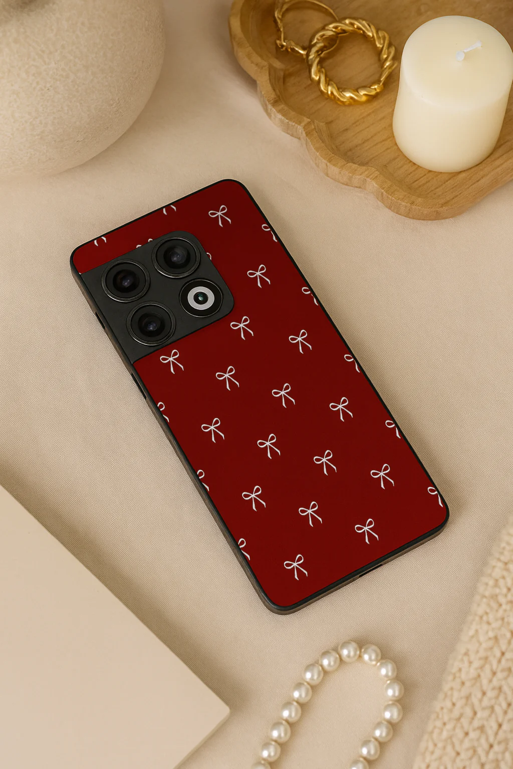 Red Bow Beaut Premium Glass Back Cover For One Plus 13, 12, 11, 10, Nord Series
