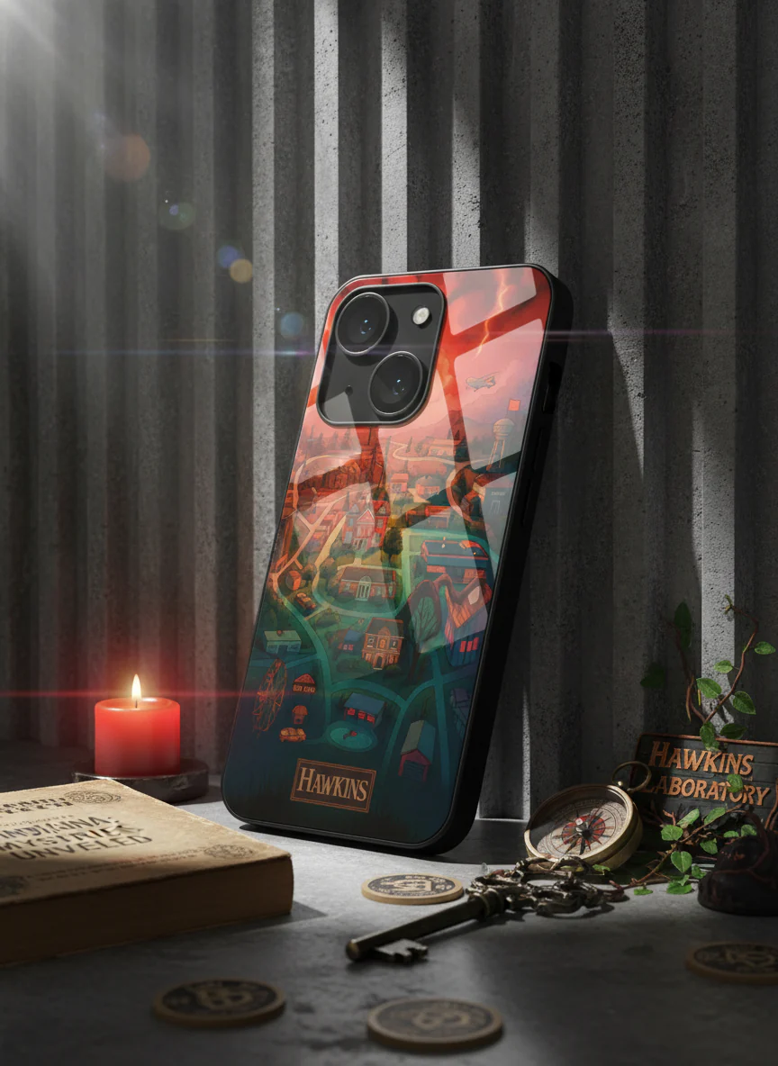 STRANGER THINGS- Hawkins Cinematic Map Premium Glass Back Cover For iPhone 11-17 Models - Image 3
