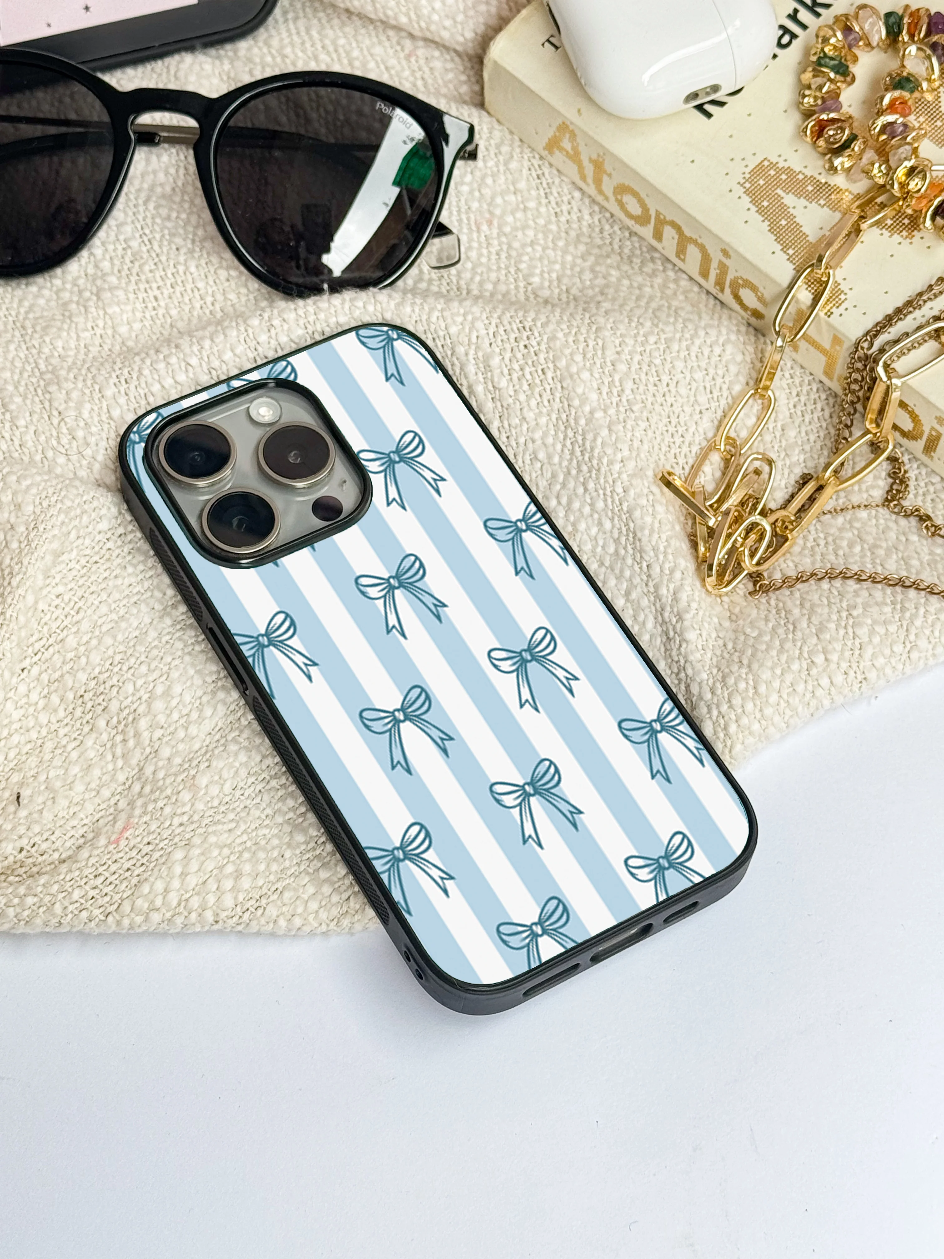 Stripy Blue Bows Premium Glass Back Cover For iPhone 11-17 Models - Image 10