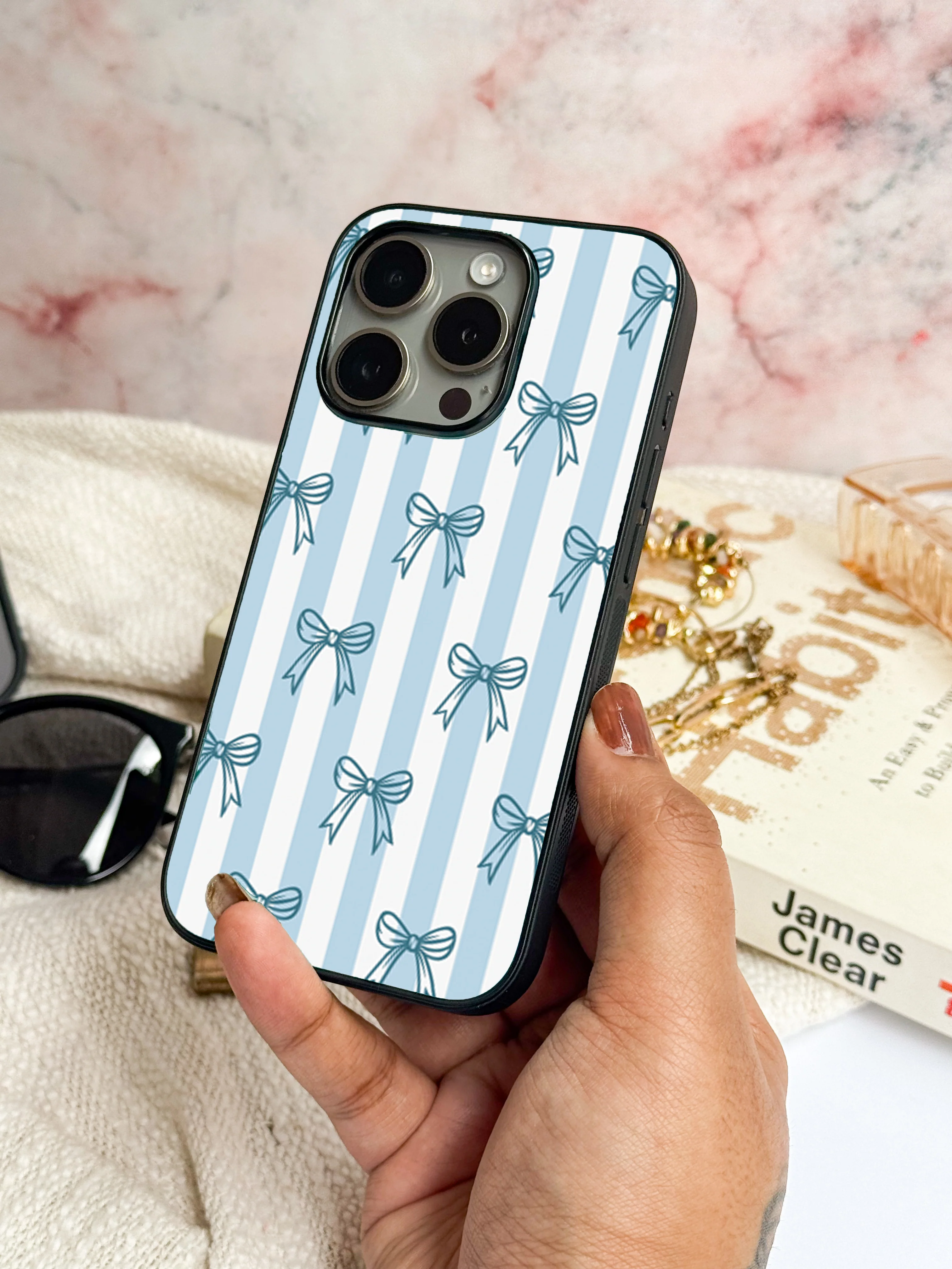 Stripy Blue Bows Premium Glass Back Cover For iPhone 11-17 Models - Image 11