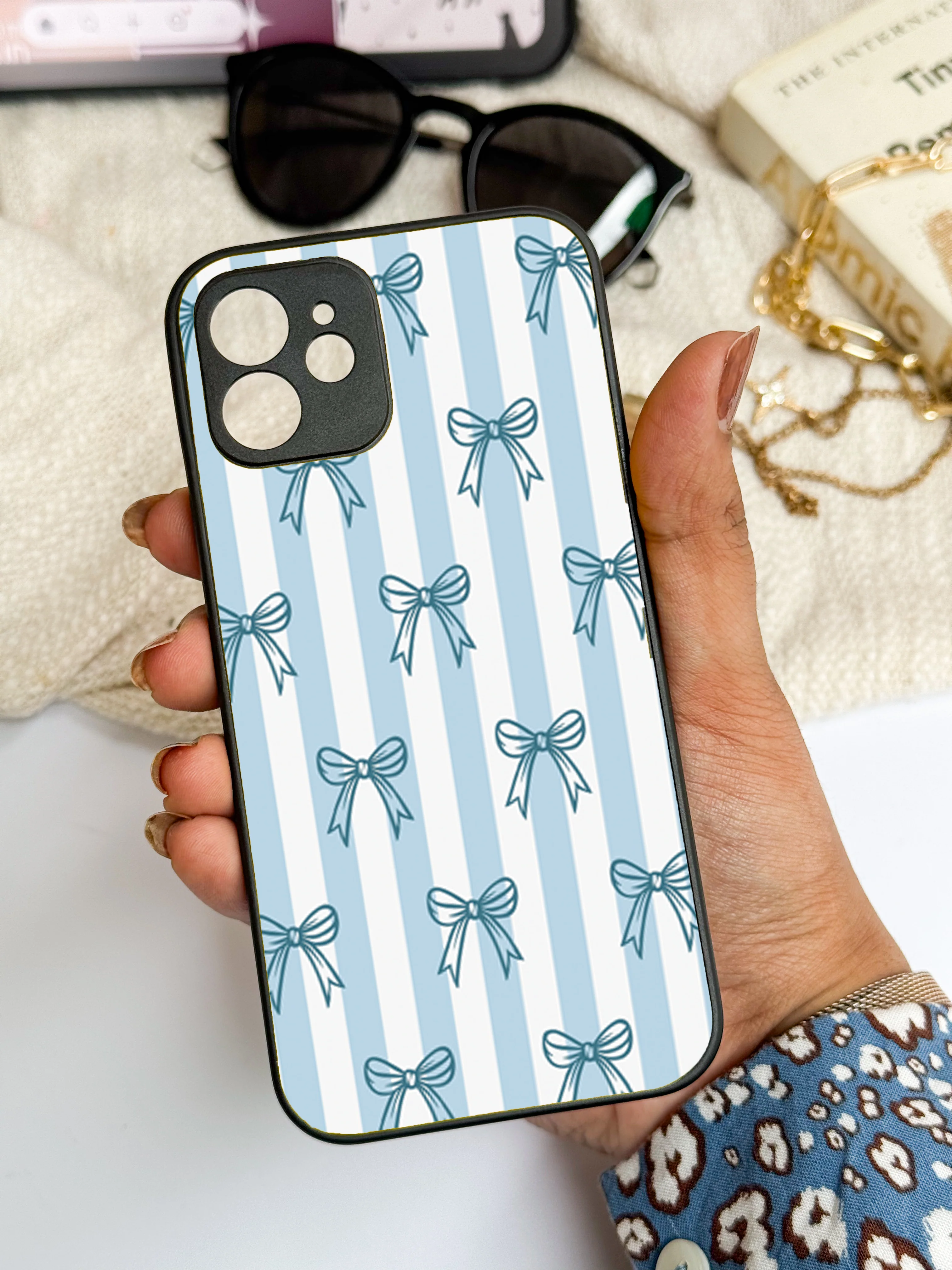 Stripy Blue Bows Premium Glass Back Cover For iPhone 11-17 Models - Image 12