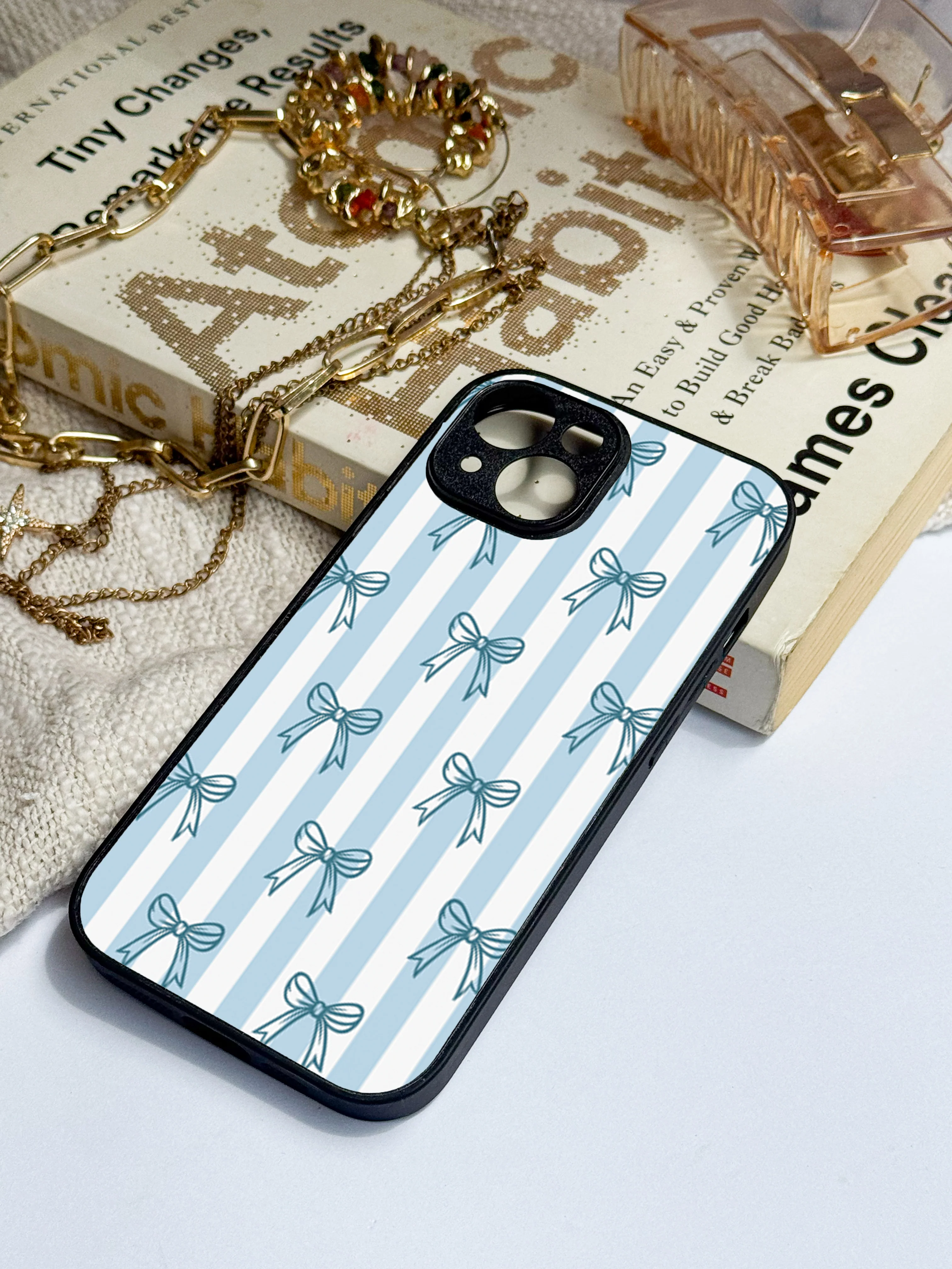 Stripy Blue Bows Premium Glass Back Cover For iPhone 11-17 Models - Image 13