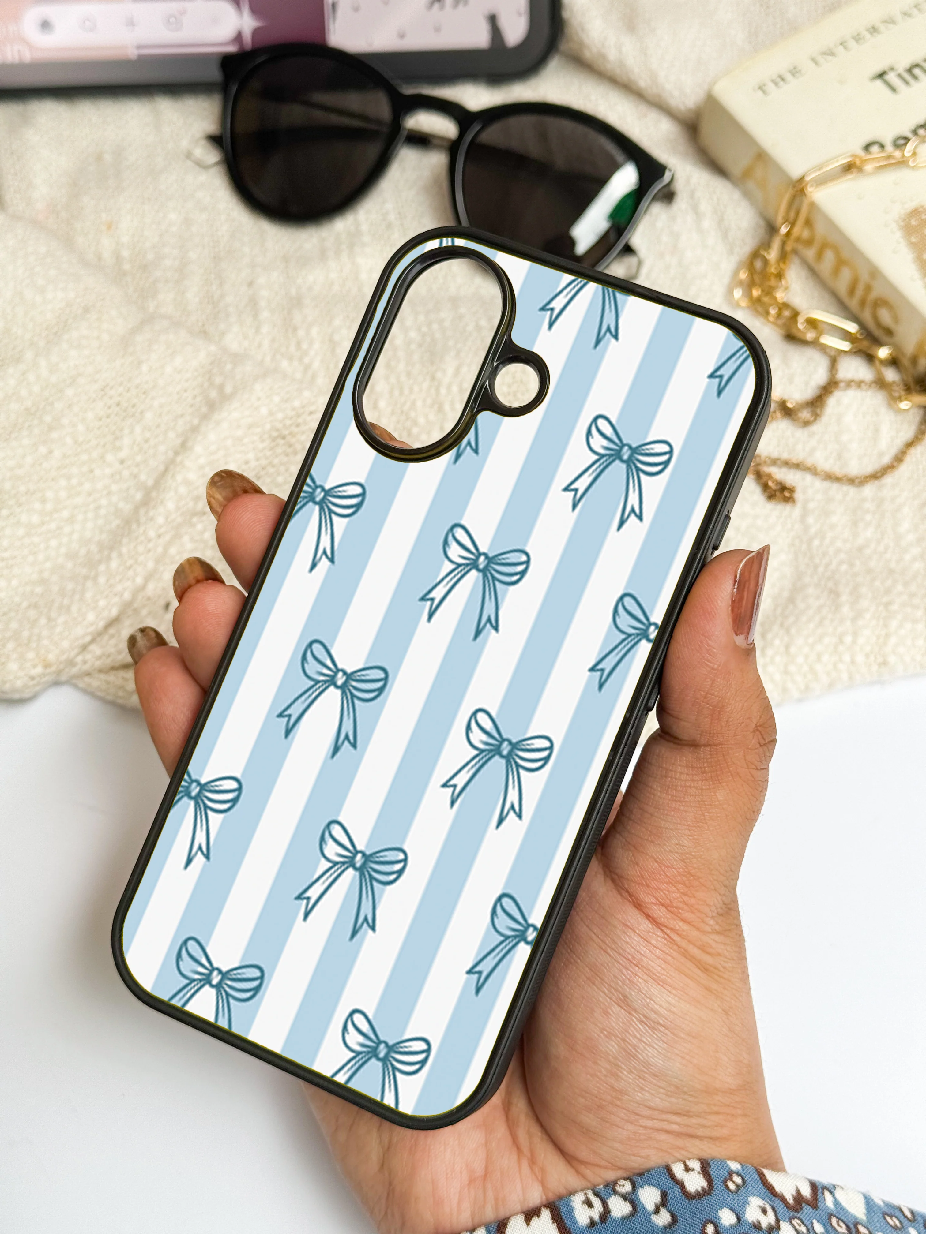 Stripy Blue Bows Premium Glass Back Cover For iPhone 11-17 Models - Image 14