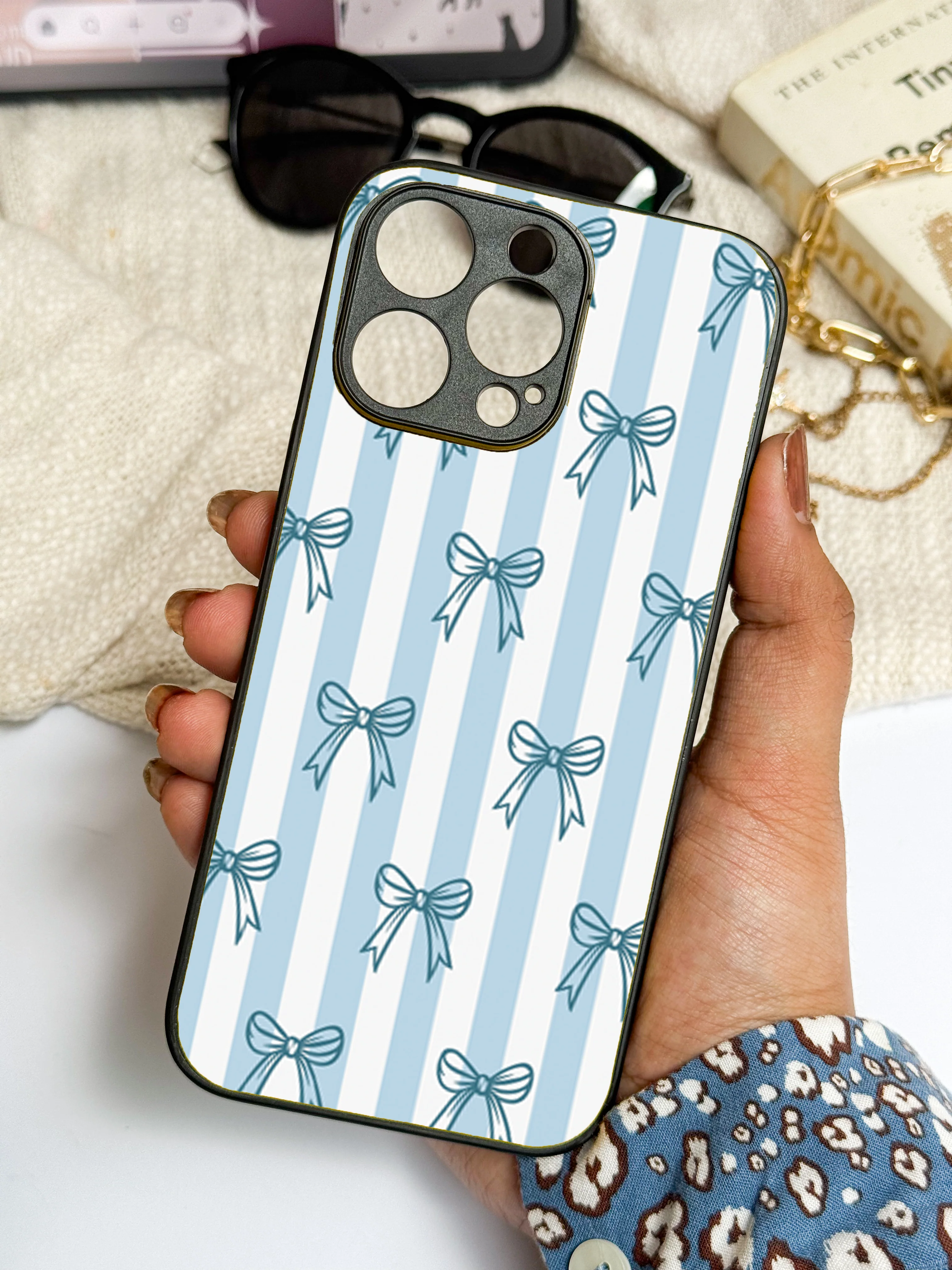 Stripy Blue Bows Premium Glass Back Cover For iPhone 11-17 Models - Image 16