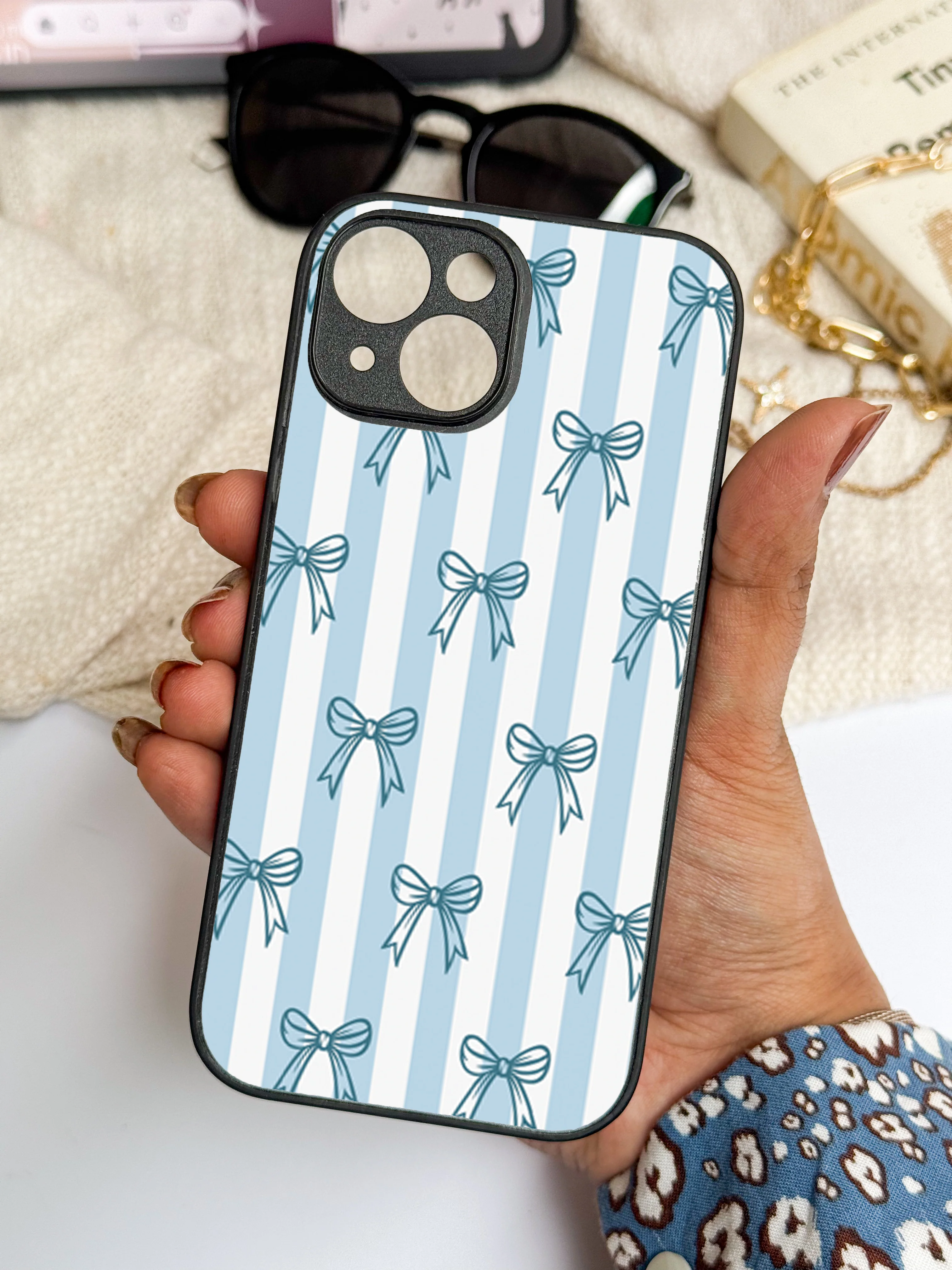 Stripy Blue Bows Premium Glass Back Cover For iPhone 11-17 Models - Image 17