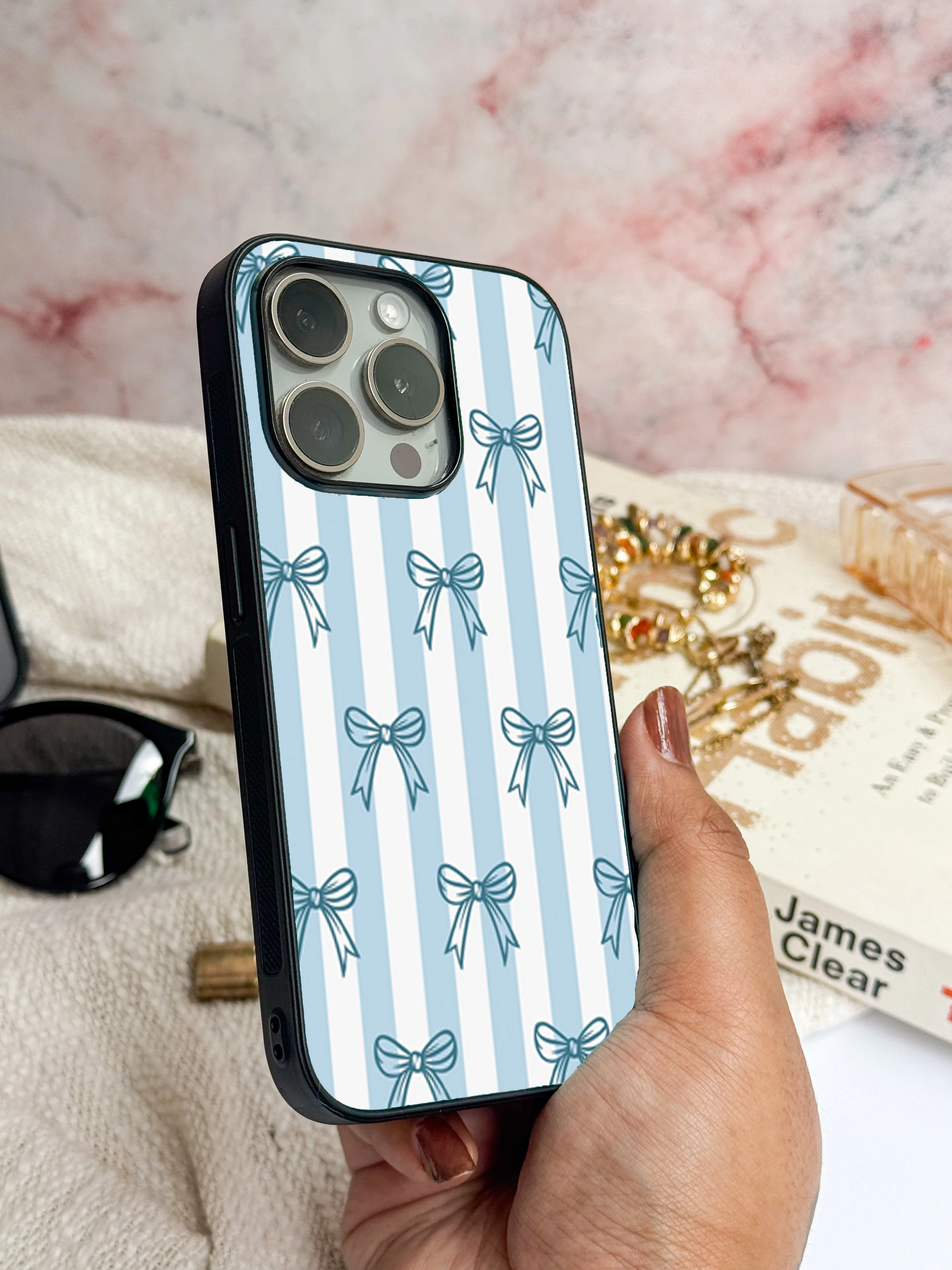 Stripy Blue Bows Premium Glass Back Cover For iPhone 11-17 Models - Image 18