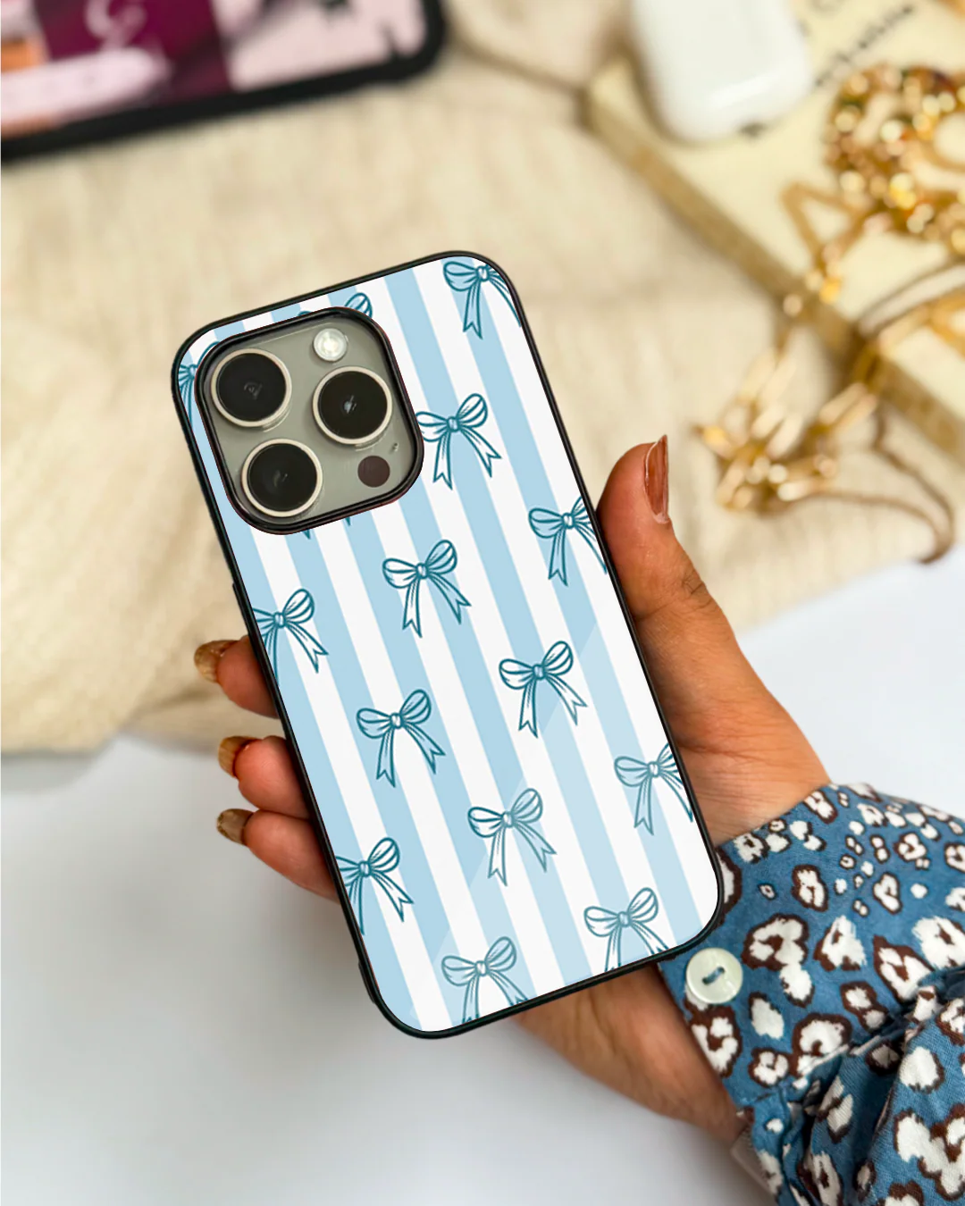 Stripy Blue Bows Premium Glass Back Cover For iPhone 11-17 Models - Image 19