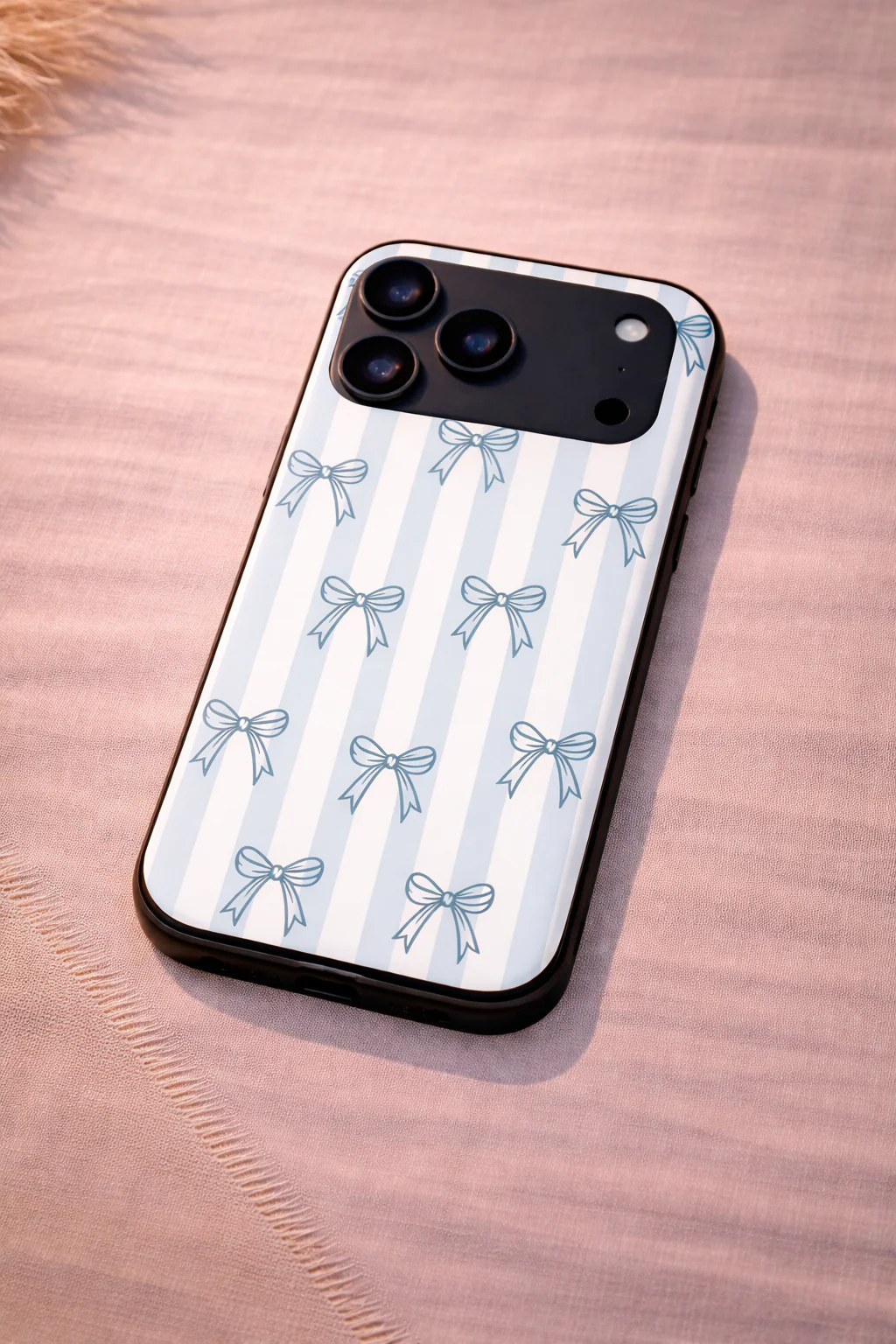 Stripy Blue Bows Premium Glass Back Cover For iPhone 11-17 Models - Image 2