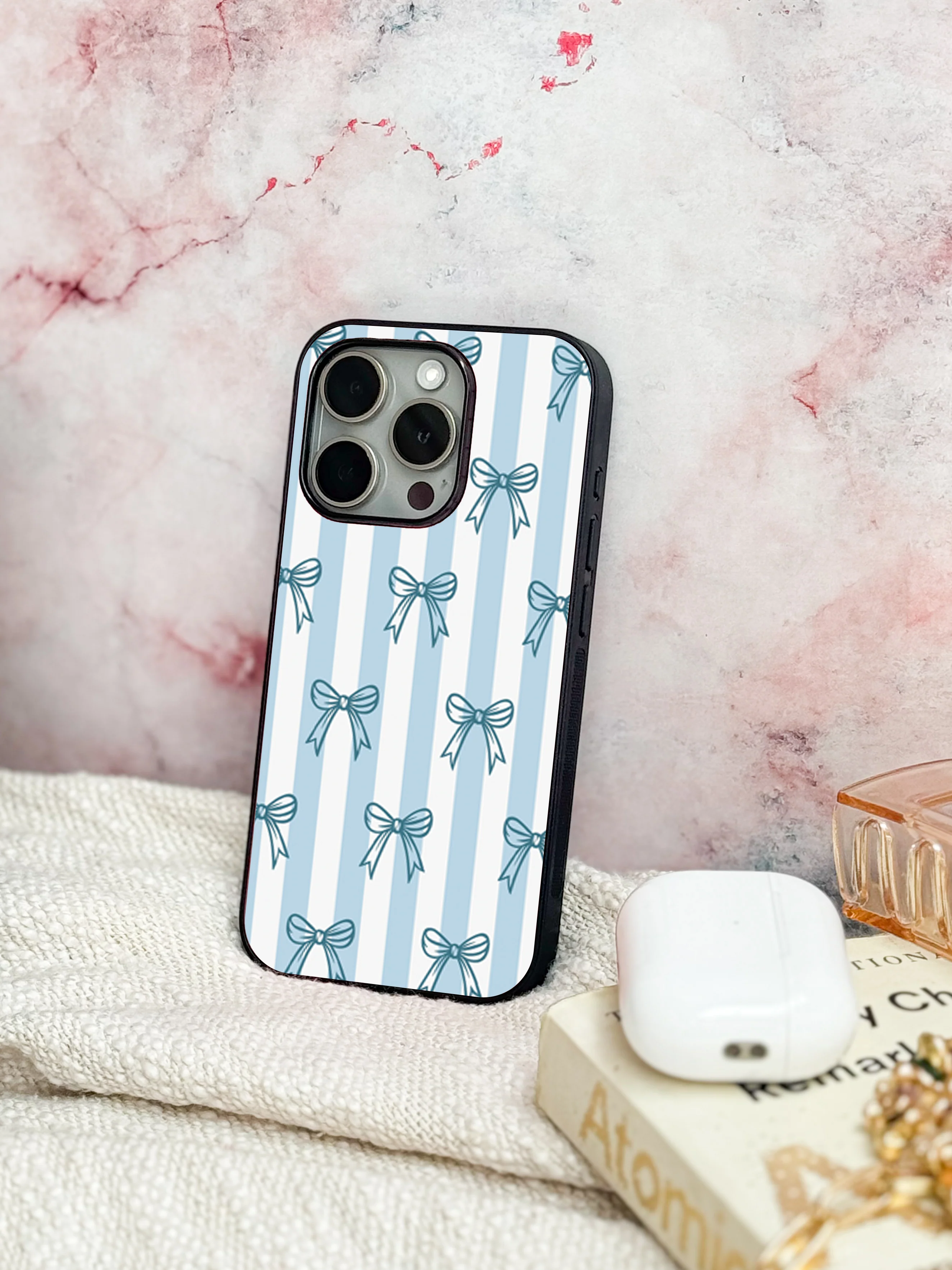 Stripy Blue Bows Premium Glass Back Cover For iPhone 11-17 Models - Image 3