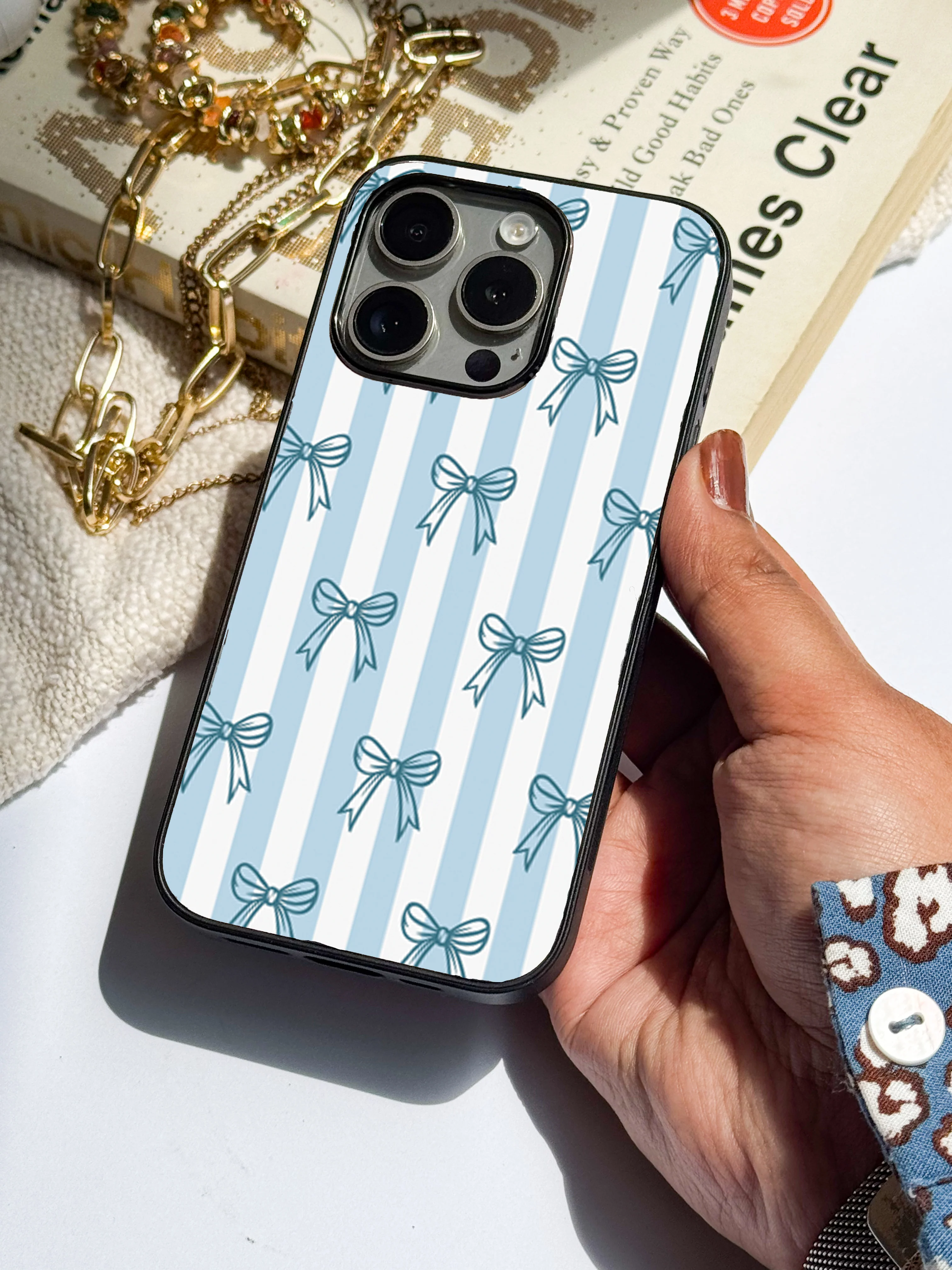 Stripy Blue Bows Premium Glass Back Cover For iPhone 11-17 Models - Image 6