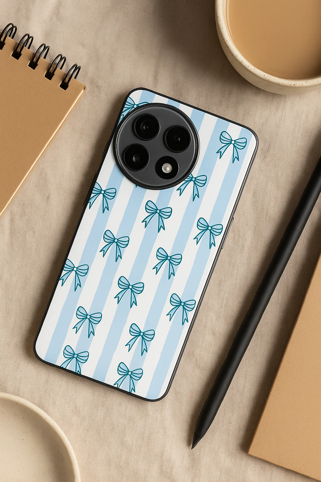 Stripy Blue Bows Premium Glass Back Cover For One Plus 13, 12, 11, 10, Nord Series - Image 4