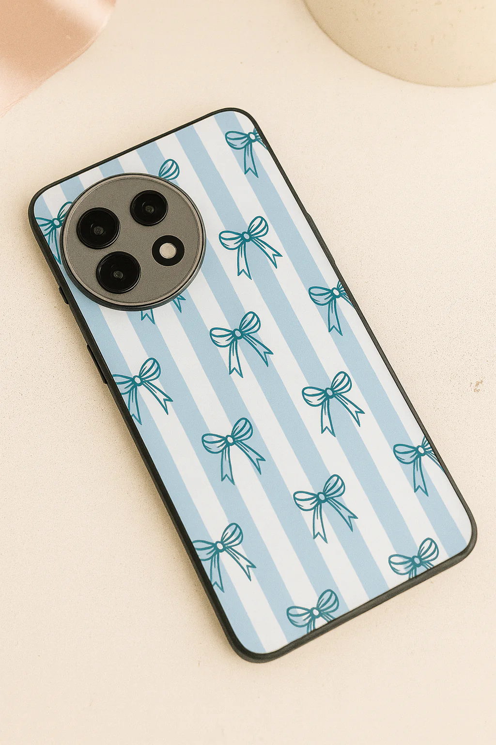 Stripy Blue Bows Premium Glass Back Cover For One Plus 13, 12, 11, 10, Nord Series - Image 5