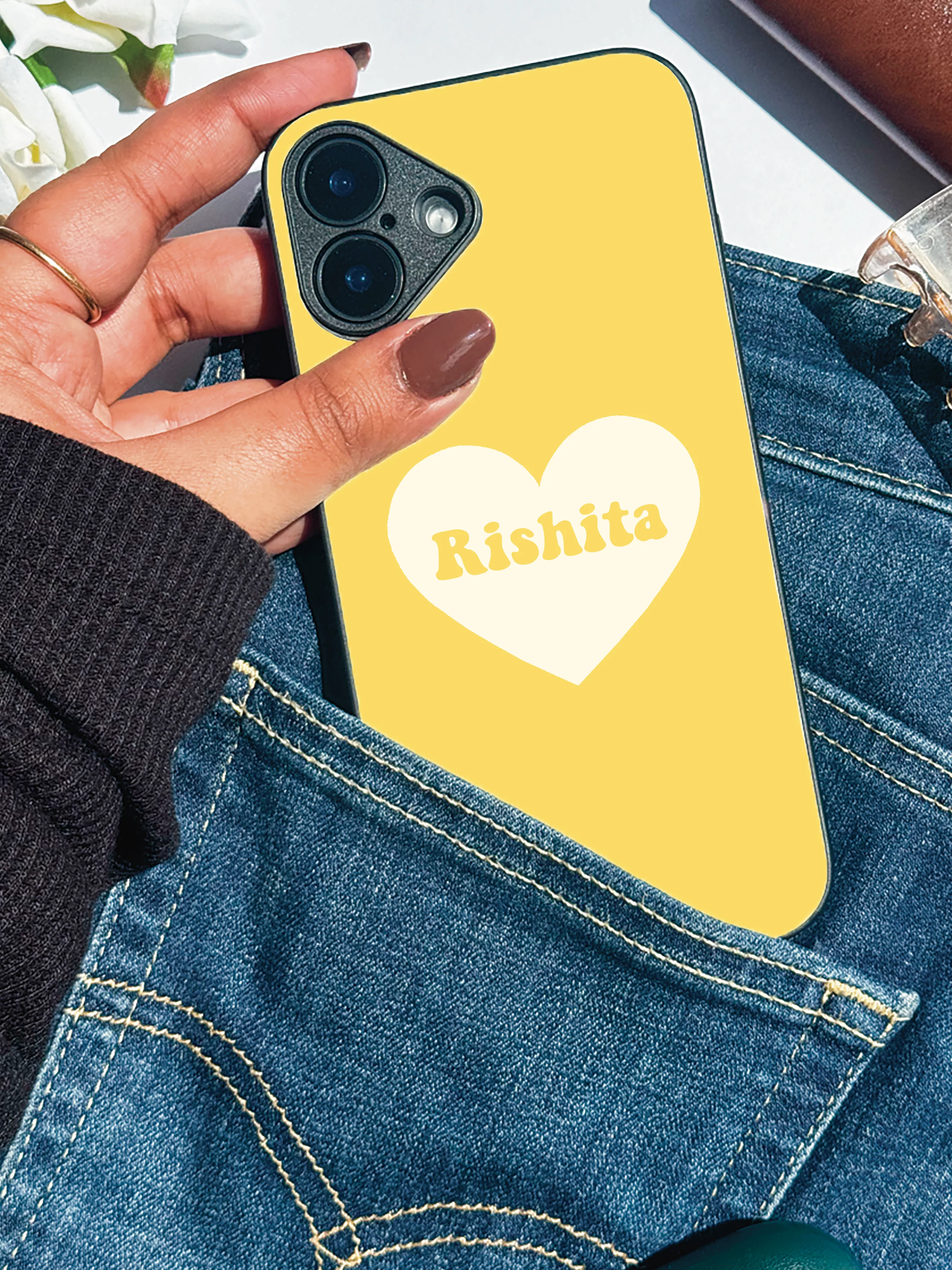 Sunny Heart Personalised Name Premium Glass Back Cover For iPhone 11-17 Models - Image 7