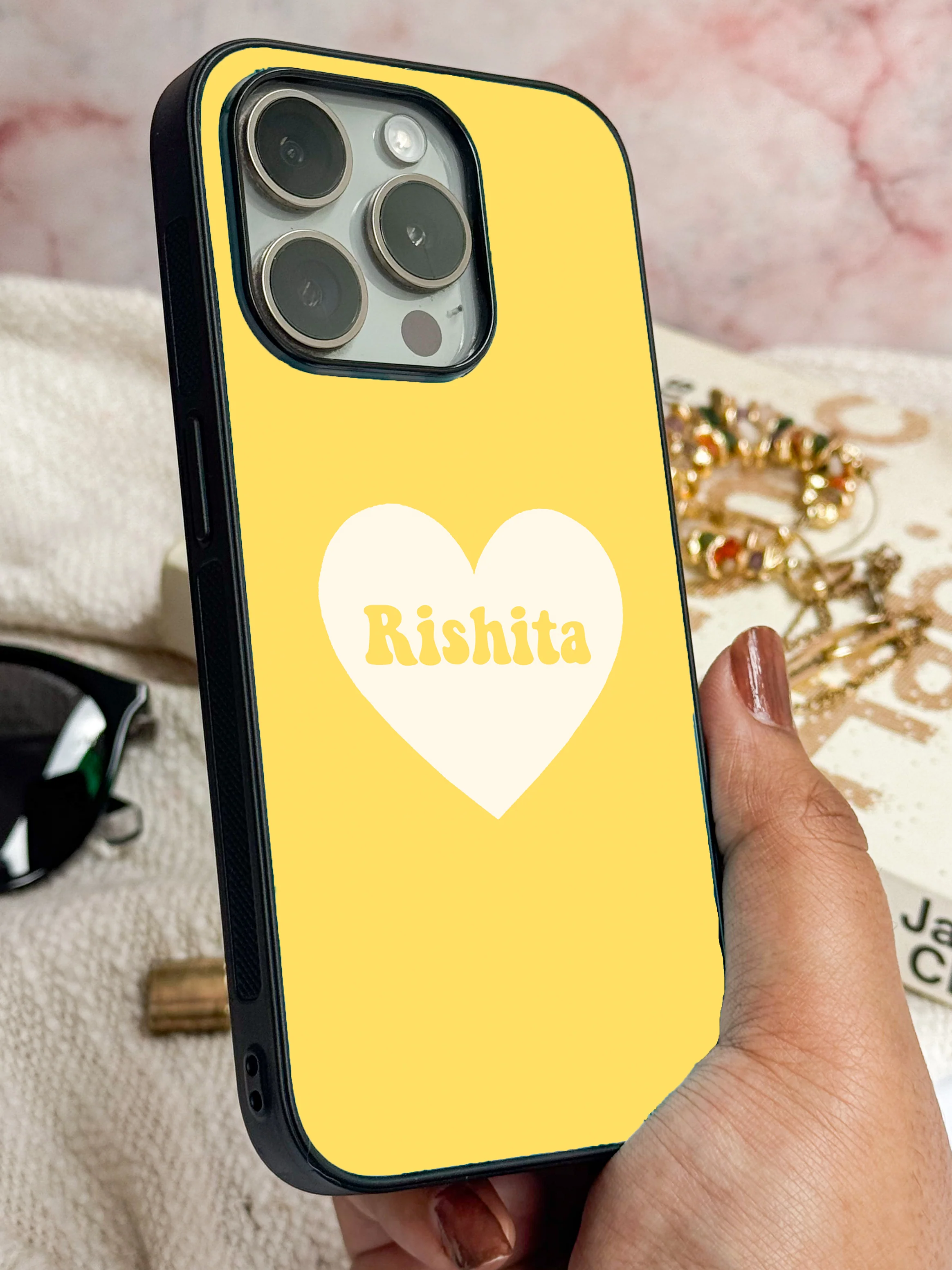 Sunny Heart Personalised Name Premium Glass Back Cover For iPhone 11-17 Models - Image 8